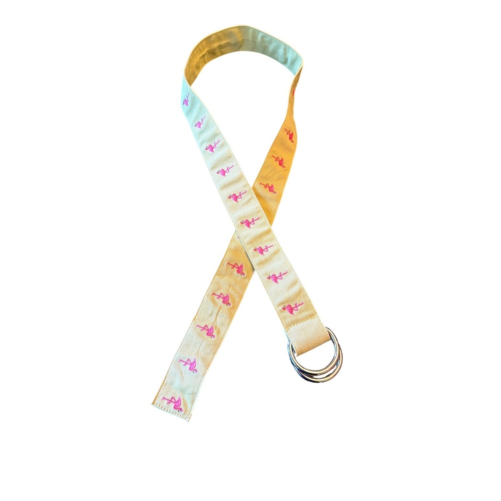 J.Crew Belt Yellow Pink Flamingo Embroidered D-Ring Canvas Cotton S/M 68502